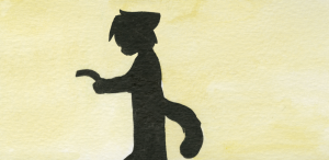 Paulo stands in silhouette in front of a completely black canvas, reading a pamphlet.