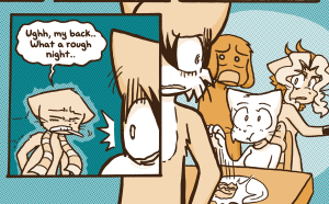 Paulo turns in horror as Mike arrives at the breakfast table; Lucy drops her food, Tess gapes and David's jaw hangs open.