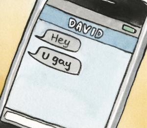 A close-up of Mike's phone shows two texts from David: "Hey" and "U gay".