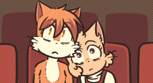 Daisy, blushing, flops her head onto Paulo's shoulder while he stares up at the movie screen.