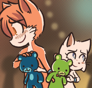 Paulo and Lucy blush and glance away as they silently trade the teddy bears they each won at ring toss.