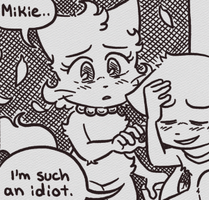 Daisy hugs a teary Mike under the tree as he rests his head on her shoulder.
