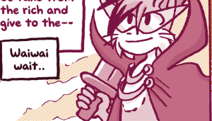 Paulo, dressed in a dramatic cape and pointy glasses with a huge sword balanced on his shoulder, smiles heroically.