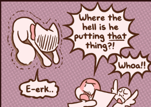 Yashy, bright red, holds up a printed page and asks "Where the hell is he putting that thing?!" while Lucy curls into a trembling ball.