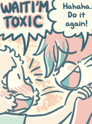 Daisy pushes Paulo away by the shoulders, shouting "WAIT I'M TOXIC".