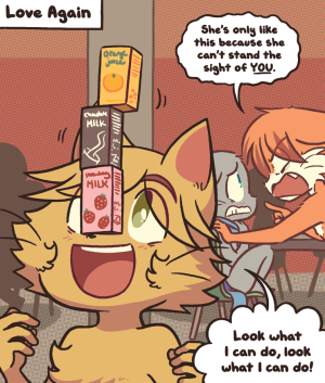 James balances three drink cartons on his nose while Paulo grabs Mike by the shoulder in the background.