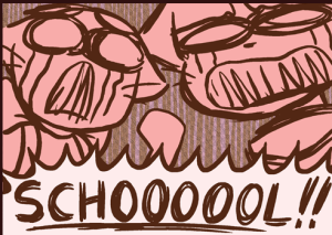 Mike and Lucy face the viewer with gritted teeth, wailing "SCHOOOOOL!!" in unison.