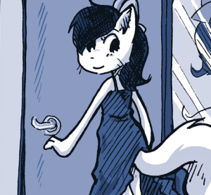 Sandy tries on a long, elegant spaghetti-strap gown in a department store dressing room, glancing at her reflection over her shoulder with her tail sticking out from the hem.