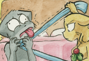 Sue pulls Mike's scarf tight around his neck with a cold expression while his tongue lolls out and his tail puffs up.