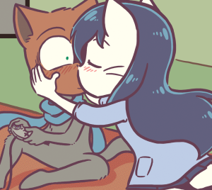 Sandy cups Mike's face and kisses him while he still holds his game controller, his eyes wide with shock.