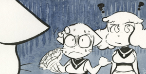 In a black-and-white panel seen over Abbey's shoulder, Stacy stares in wide-eyed horror, clutching a fan to her face, while her cheerleader friend looks at her in confusion.