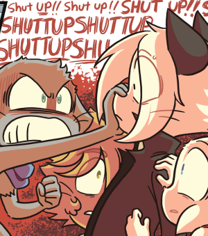 Mike grabs Augustus by the face, teeth bared, screaming "SHUT UP!!" as Lucy and James look on in shock.