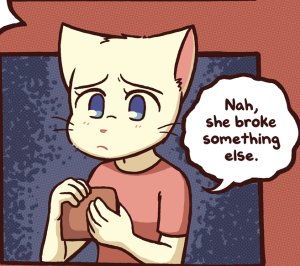 Lucy frowns at a cracked picture frame holding a photo of herself and Mike, saying "Nah, she broke something else."