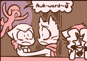 Mike's fur stands on end as he realizes he is hugging Lucy at the lunch table, while Tess holds her head in her hands and David prances in singing "Awk-ward".