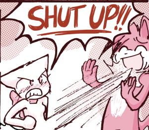 Lucy furiously kicks Paulo in the throat, shouting "SHUT UP!!", while Paulo smiles and holds up his hands.
